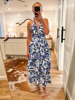 Load image into Gallery viewer, Weekend Bliss Royal Blue Floral Halter Maxi Dress
