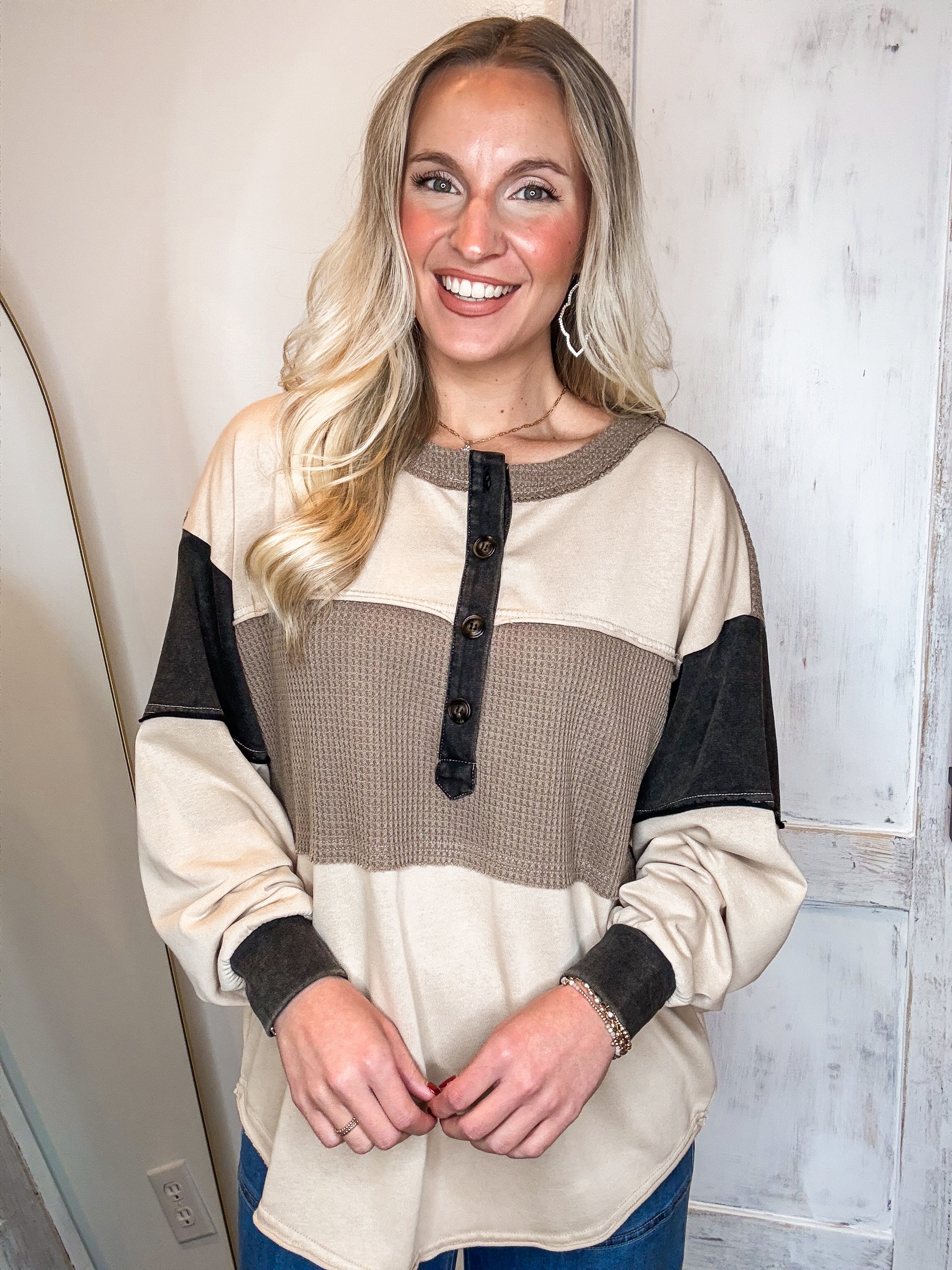 Never Misses Mocha Color Block Henley Top