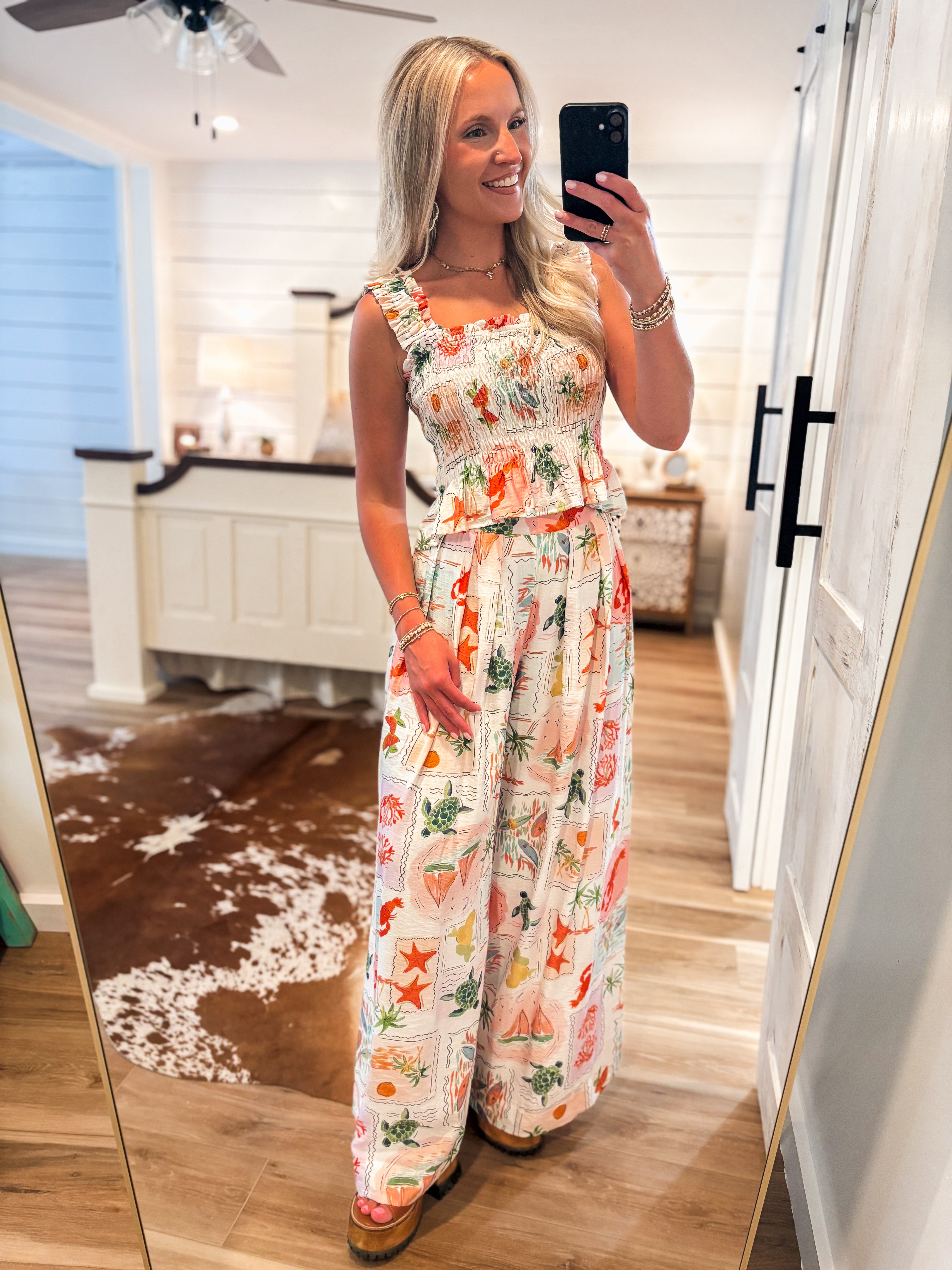 On Island Time Tropical Print Linen Tank & Palazzo Pant Set