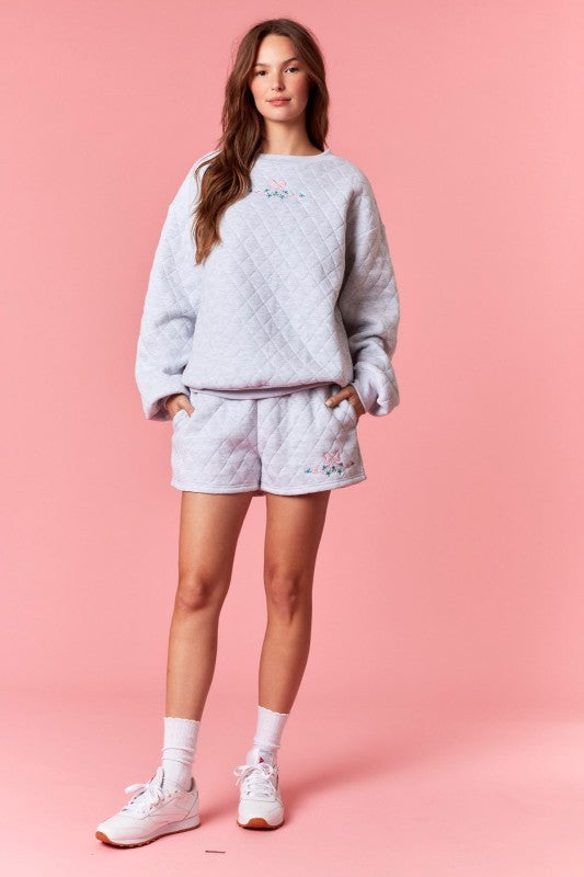 Bow Embroidered Gray Quilted Sweatshirt & Shorts Set