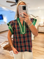 Load image into Gallery viewer, Holiday Dream Navy Plaid Contrast Blouse
