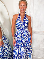 Load image into Gallery viewer, Weekend Bliss Royal Blue Floral Halter Maxi Dress
