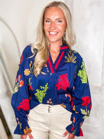 Load image into Gallery viewer, Fine Here Royal Blue Floral L/S Blouse
