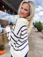 Load image into Gallery viewer, Raising The Bar Ivory &amp; Navy Chunky Knit Sweater
