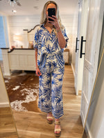 Load image into Gallery viewer, Secret Getaway Royal Blue Palm Blouse &amp; Pant Set
