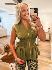 Same View Olive Zip Peplum Blouse