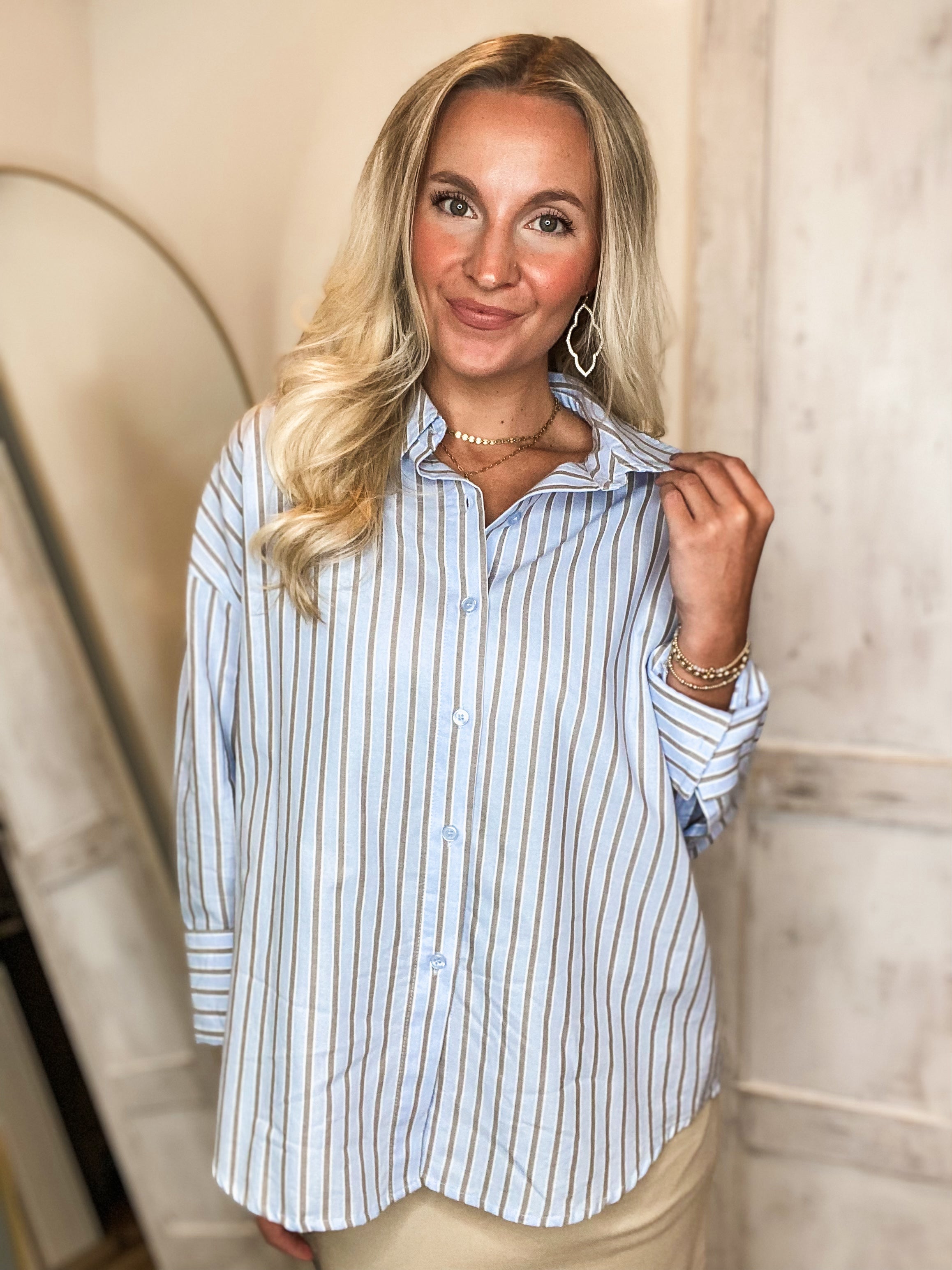 Considering You Baby Blue Striped Button Down Blouse