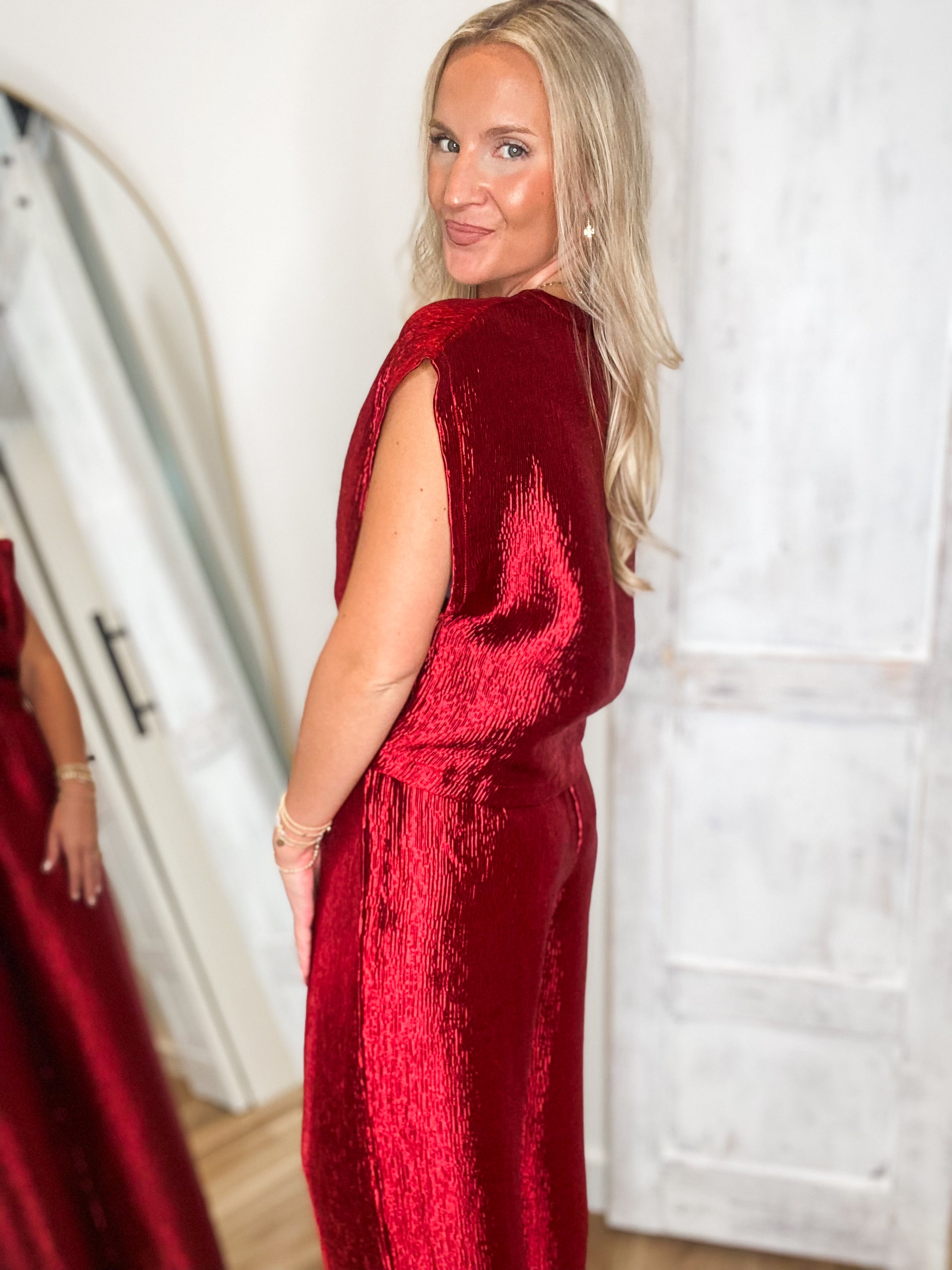 Next Stop Red Cropped Blouse & Palazzo Pant Set