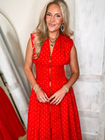 Load image into Gallery viewer, American Girl Red Polka Dot Front Zip Midi Dress
