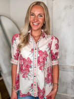 Load image into Gallery viewer, Downtown Walks Pink Floral Button Down Blouse
