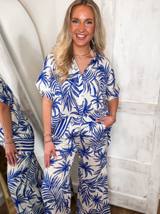 Secret Getaway Royal Blue Palm Blouse & Pant Set