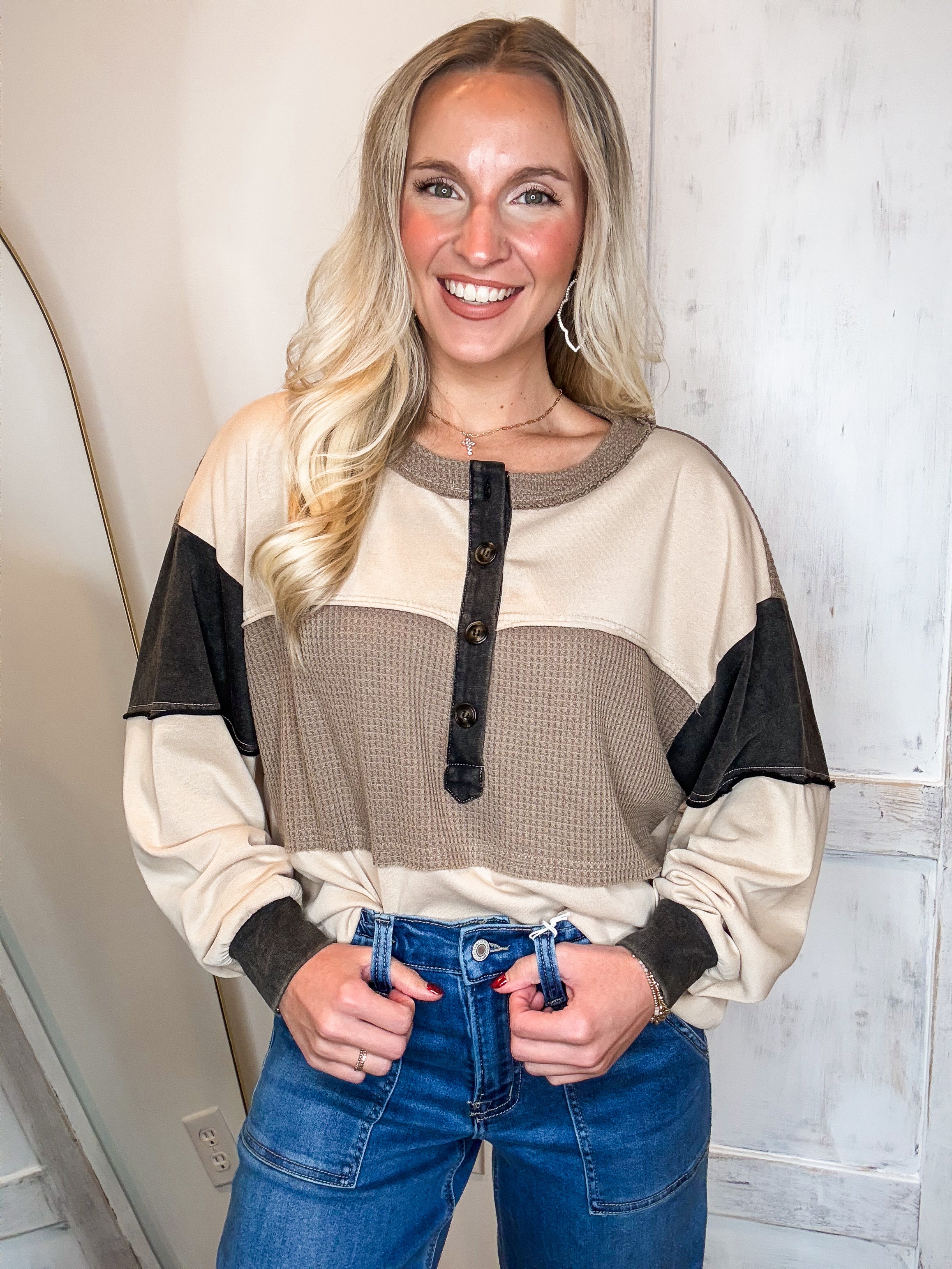 Never Misses Mocha Color Block Henley Top