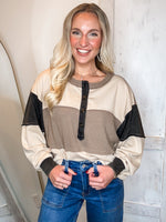 Load image into Gallery viewer, Never Misses Mocha Color Block Henley Top
