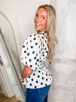 Load image into Gallery viewer, Setting Precedent White/Black Polka Dot Blouse

