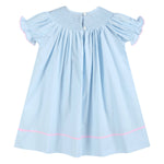 Load image into Gallery viewer, Blue and Pink Bow Smocked Bishop Dress
