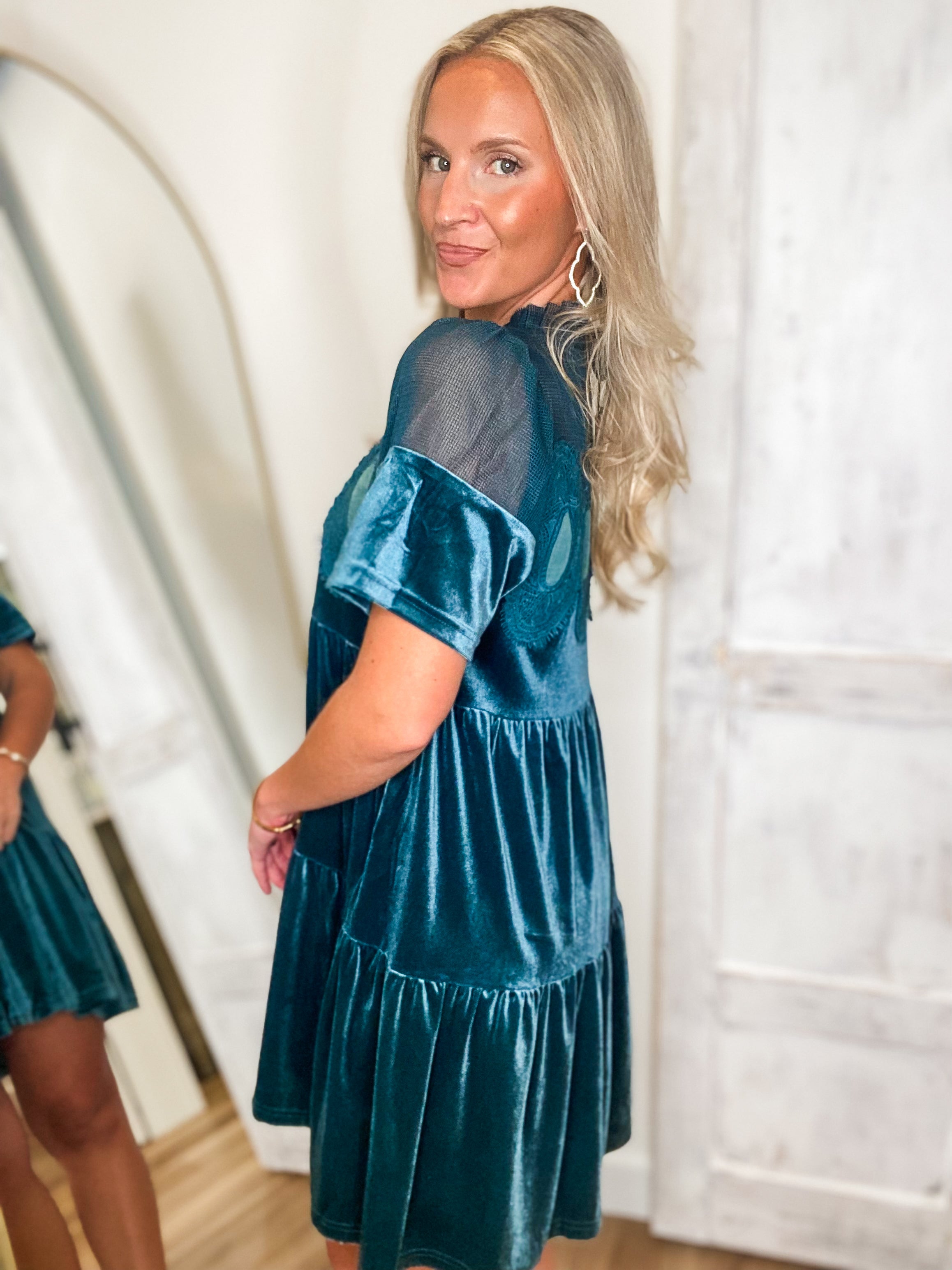 Little Details Teal Velvet Mini Dress