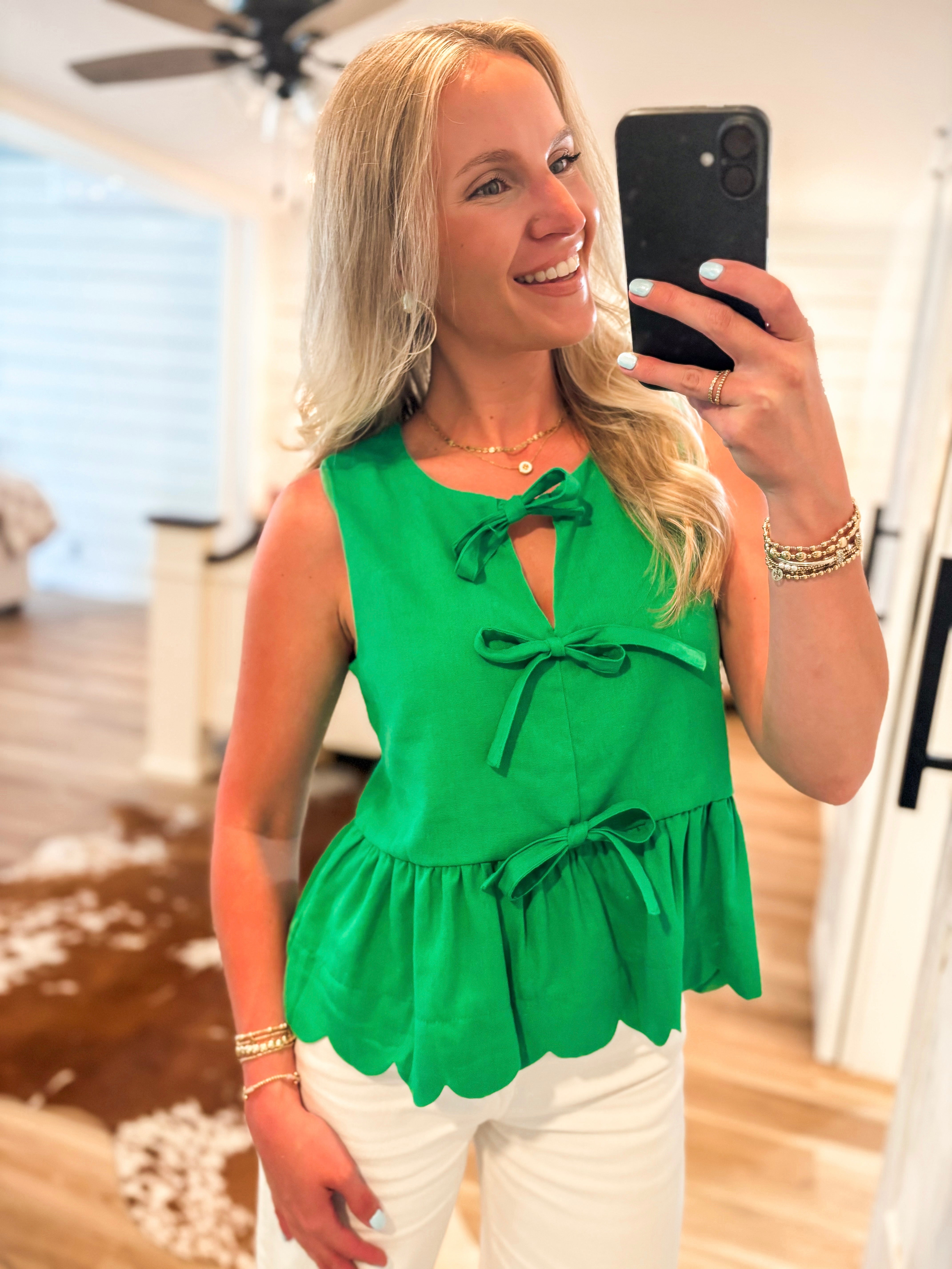 Complete Gratitude Kelly Green Linen Bow Tank