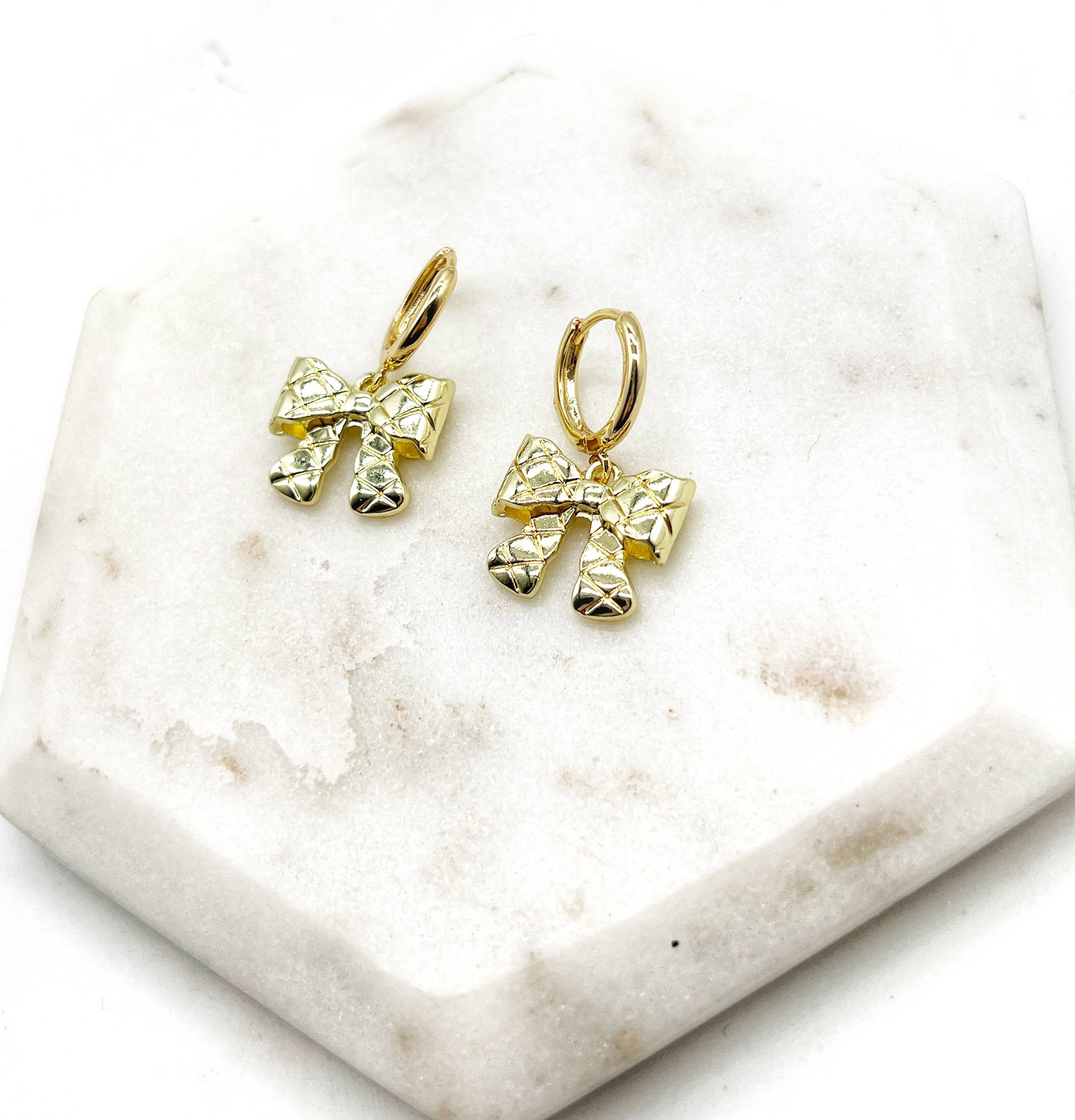 Gold Quilted Bow Coquette Huggie Hoops Holiday Earrings