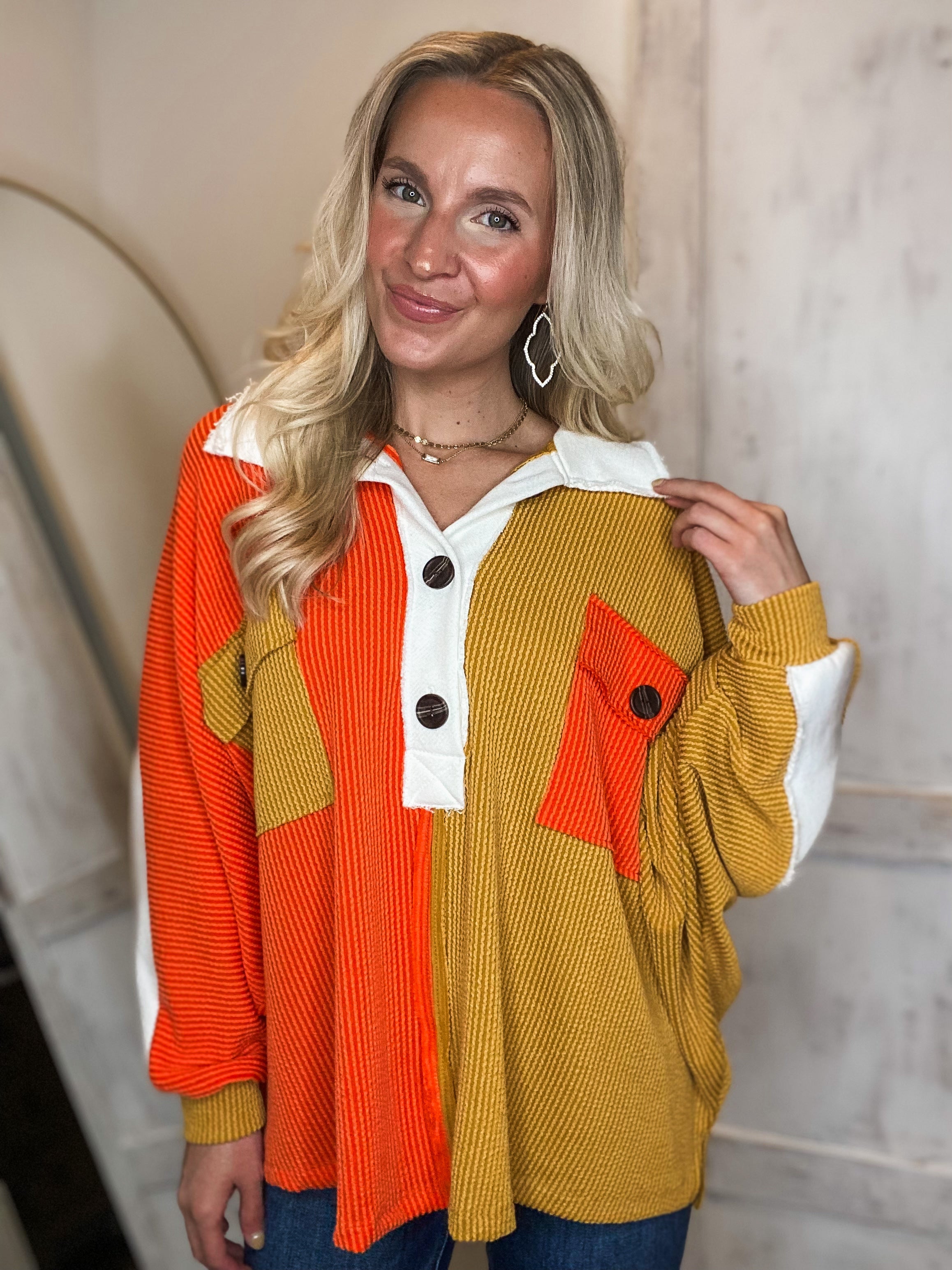 Leaves Falling Color Block Henley Blouse