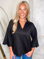 Load image into Gallery viewer, Everyone&#39;s Choice Black Scalloped Blouse

