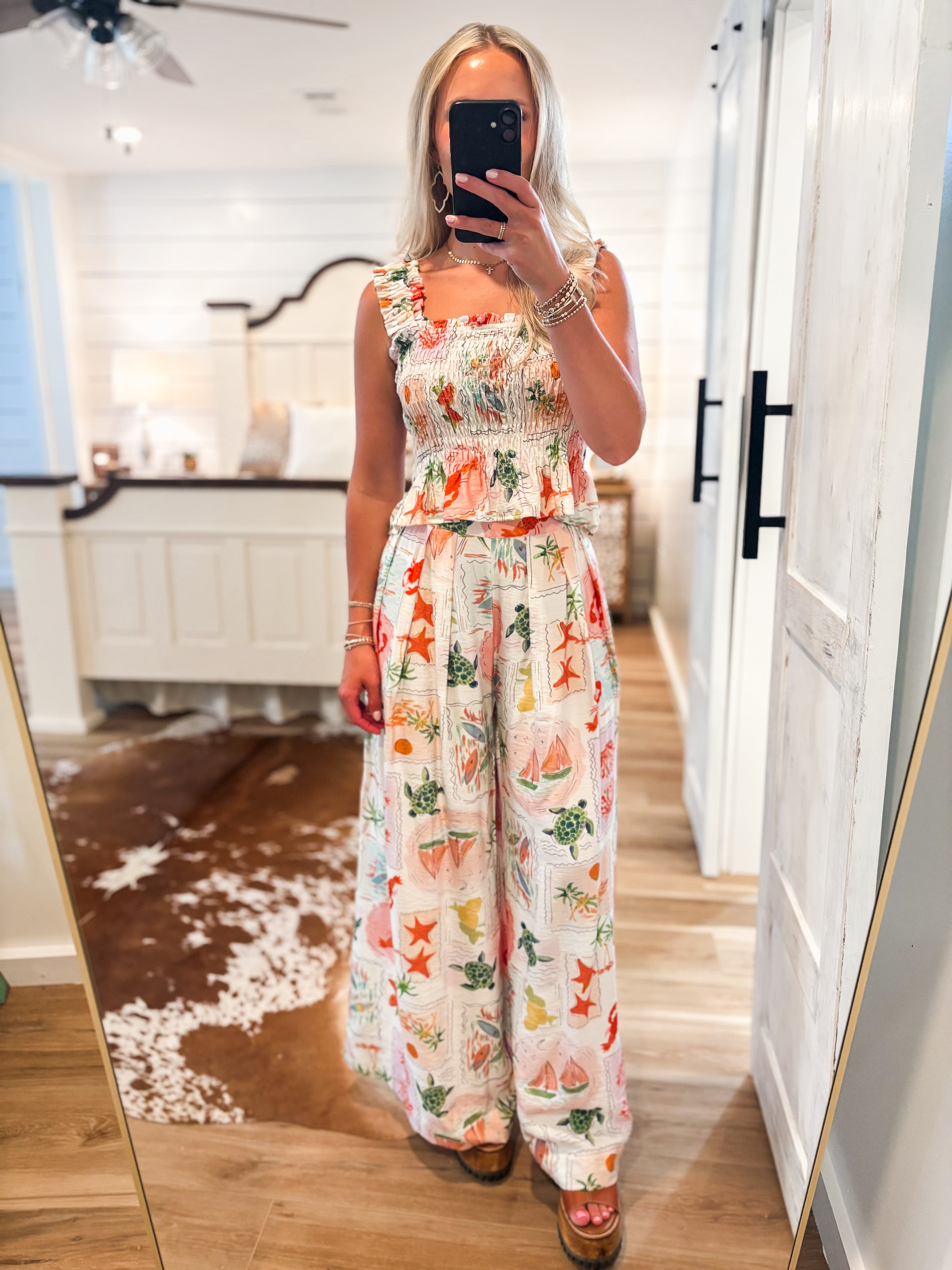 On Island Time Tropical Print Linen Tank & Palazzo Pant Set