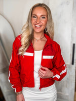 Load image into Gallery viewer, On The Go Red Cropped Windbreaker Zip Hoodie
