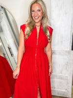 Load image into Gallery viewer, About Time Red Front Zip Midi Dress

