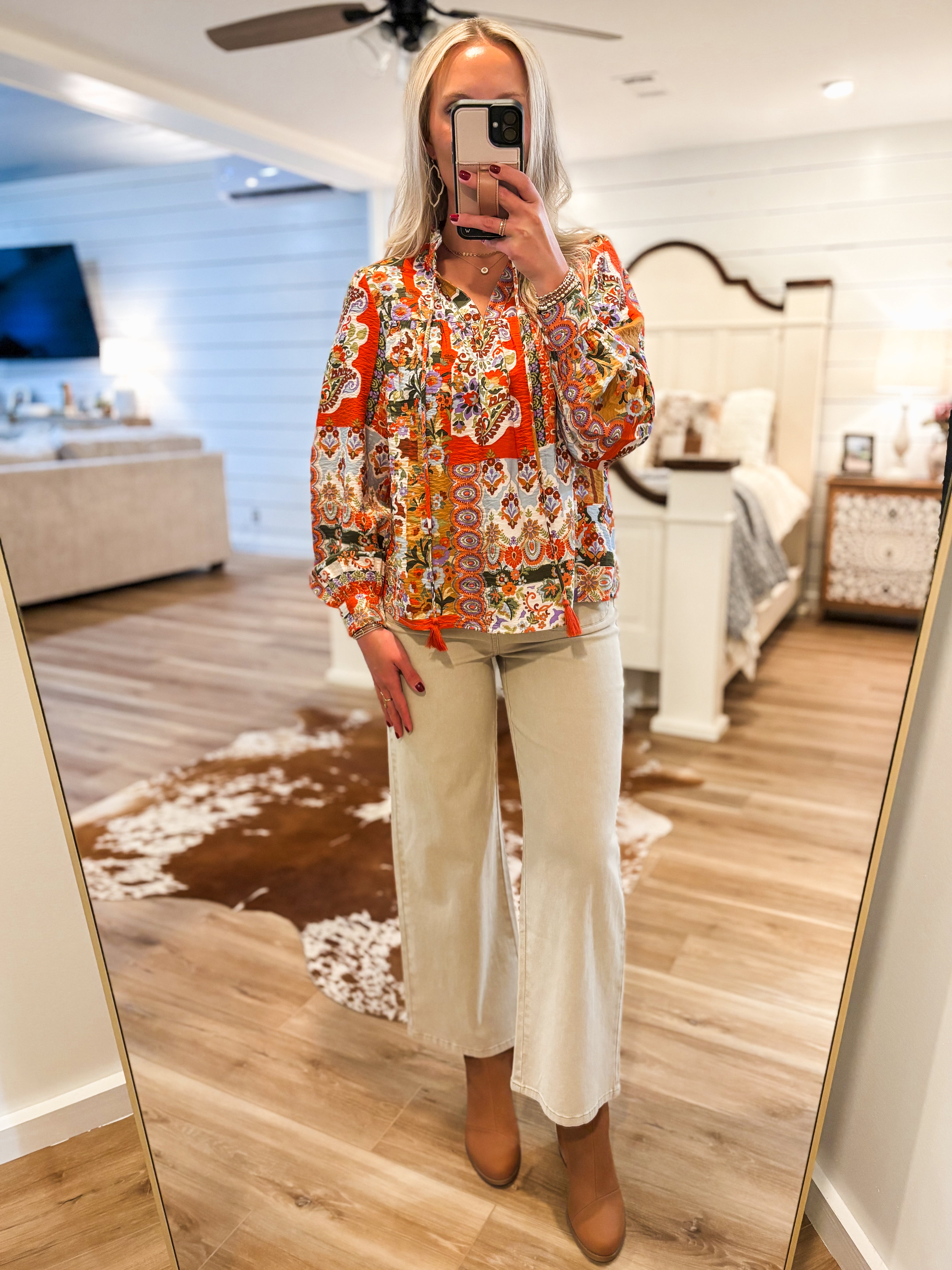 Best Chance Orange Multi Patch Print Blouse