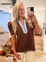 Load image into Gallery viewer, Sweet Touch Brown Contrast Blouse
