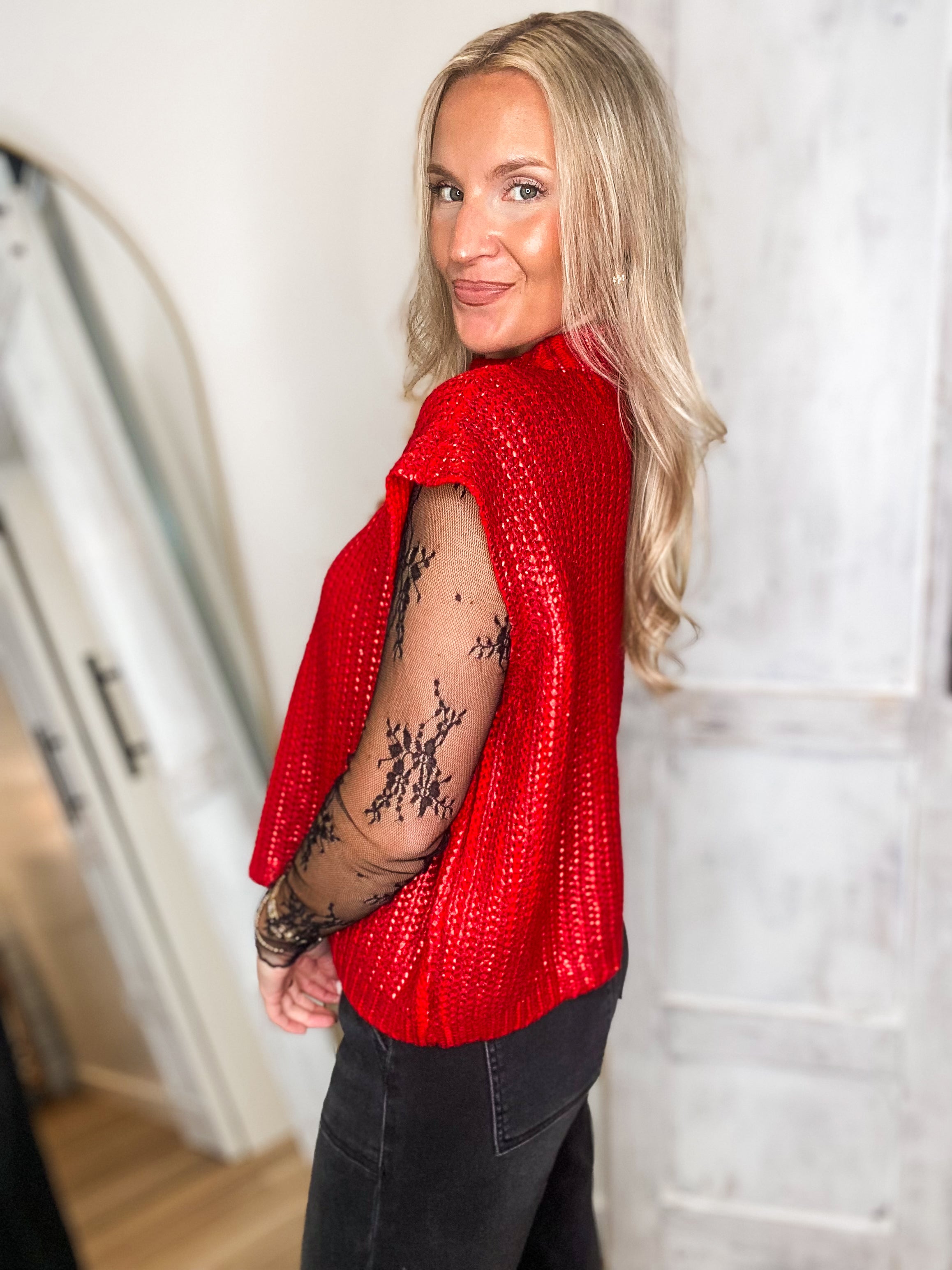 Cheerful Day Red Metallic Sleeveless Sweater