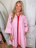 Load image into Gallery viewer, All Here Pink &amp; Red Pin Stripe Mini Dress
