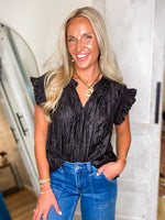 Load image into Gallery viewer, Over Here Black Metallic Crinkle Blouse
