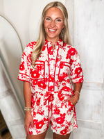 Load image into Gallery viewer, Exotic Adventure Red Floral S/S Button Down &amp; Shorts Set
