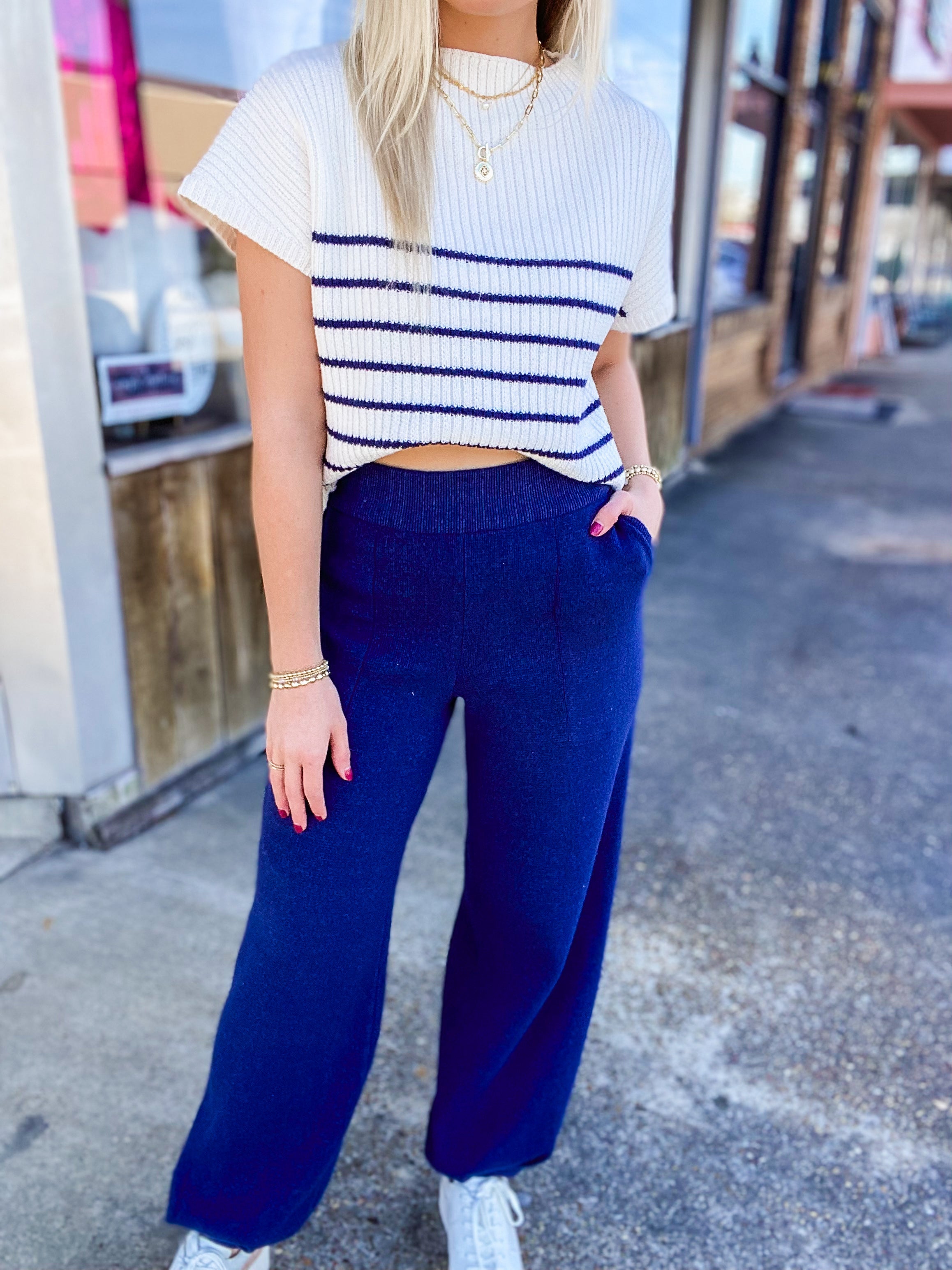 Never Better Navy Knitted High Waisted Joggers