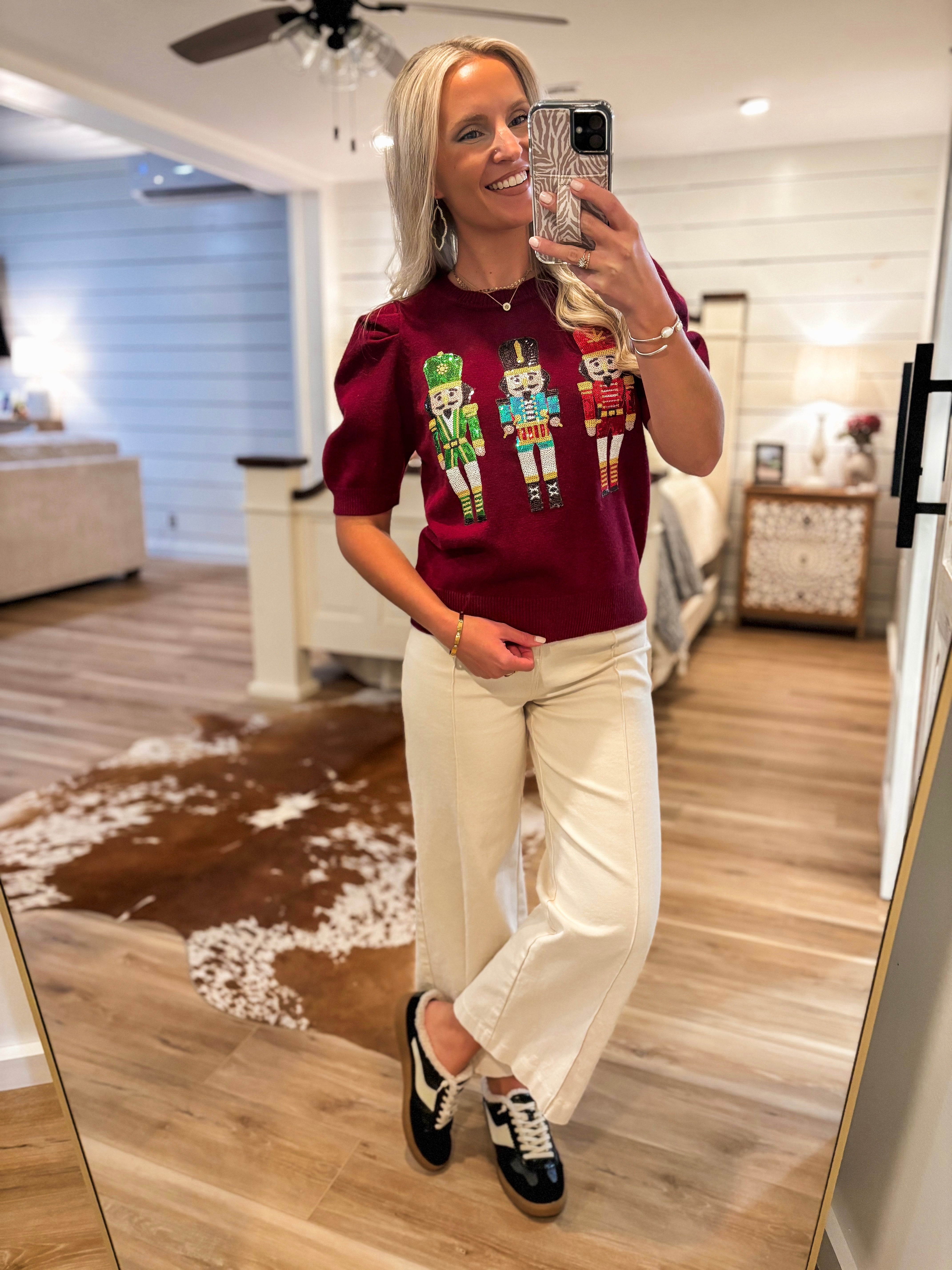 Wine Multi Sequin Nutcracker Sweater
