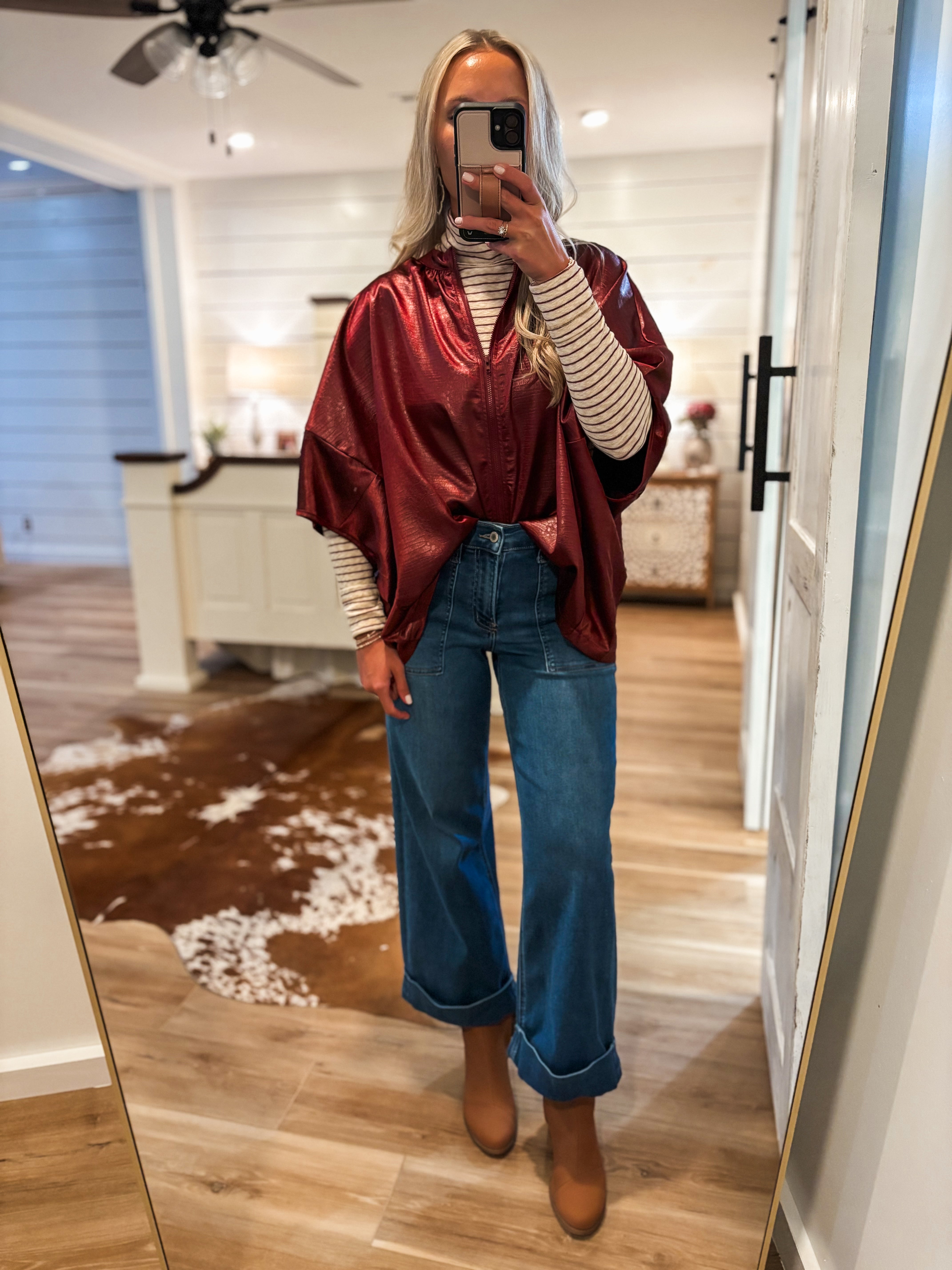 Get In Touch Burgundy Front Zip S/S Blouse