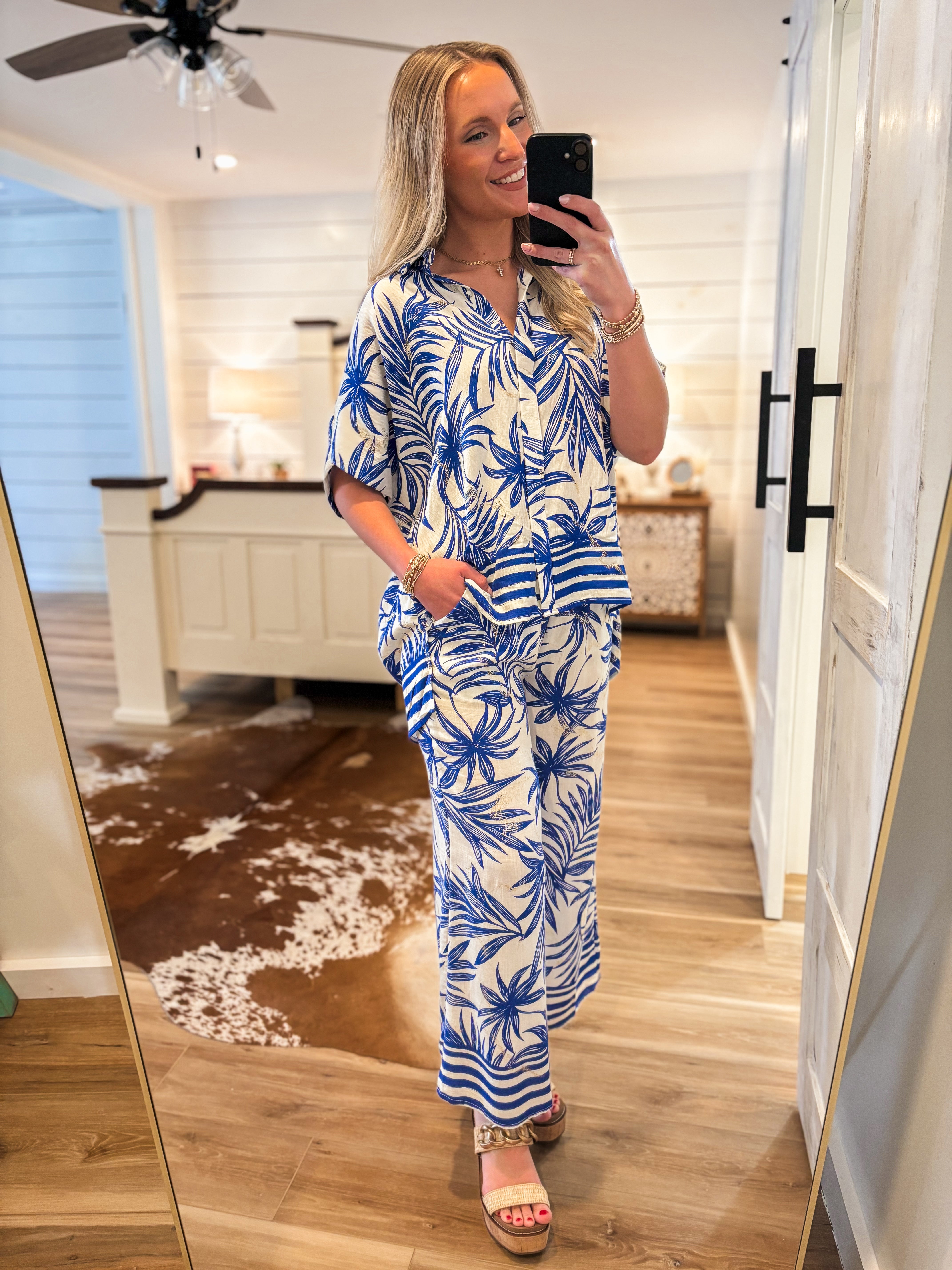 Secret Getaway Royal Blue Palm Blouse & Pant Set