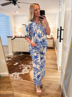 Load image into Gallery viewer, Secret Getaway Royal Blue Palm Blouse &amp; Pant Set
