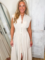 Load image into Gallery viewer, About Time Champagne Front Zip Midi Dress

