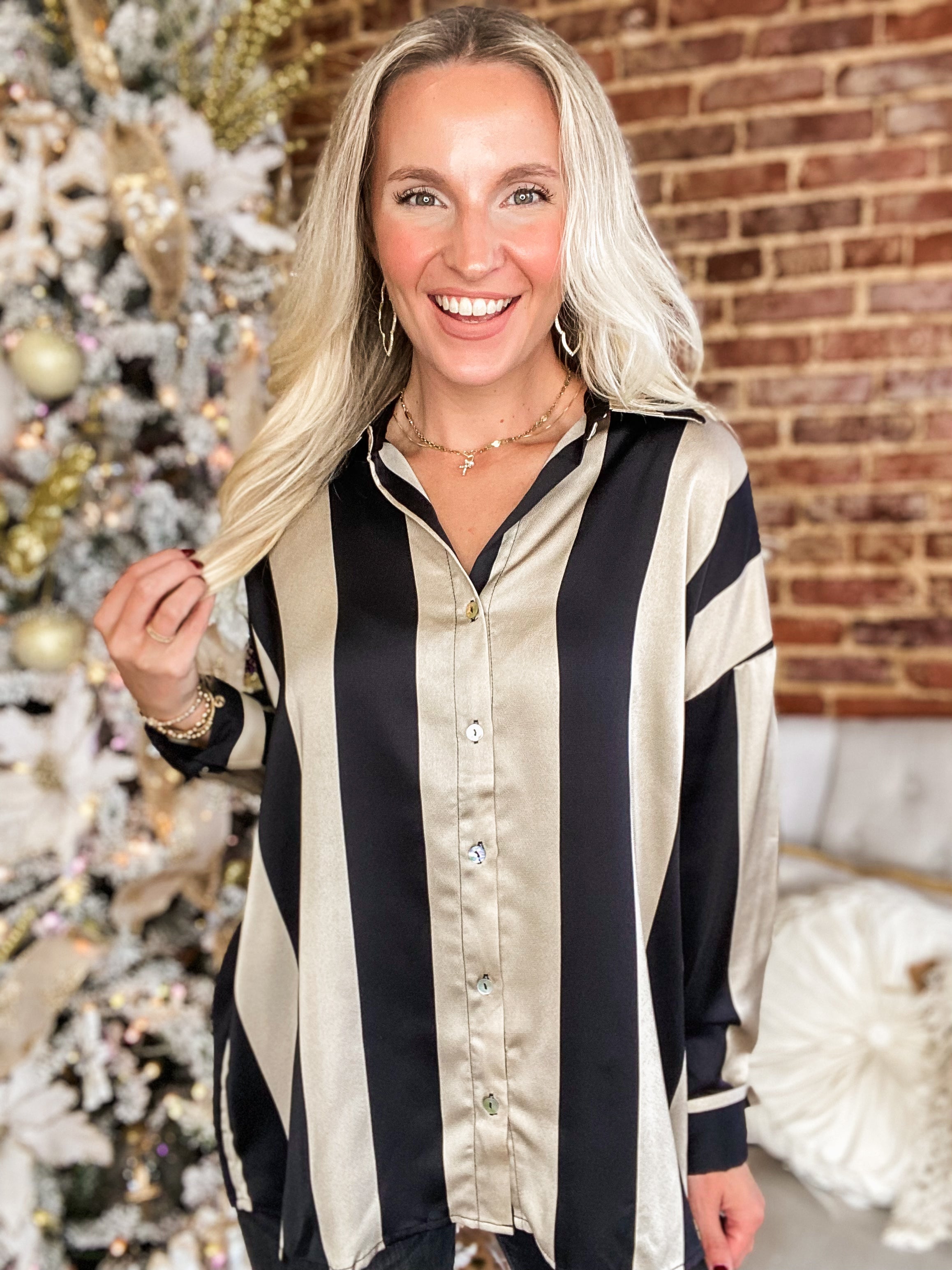 Guest List Black & Taupe Stripe Button Down Blouse