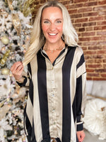 Load image into Gallery viewer, Guest List Black &amp; Taupe Stripe Button Down Blouse
