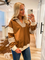 Load image into Gallery viewer, Time To Chill Mocha Color Block French Terry Pullover
