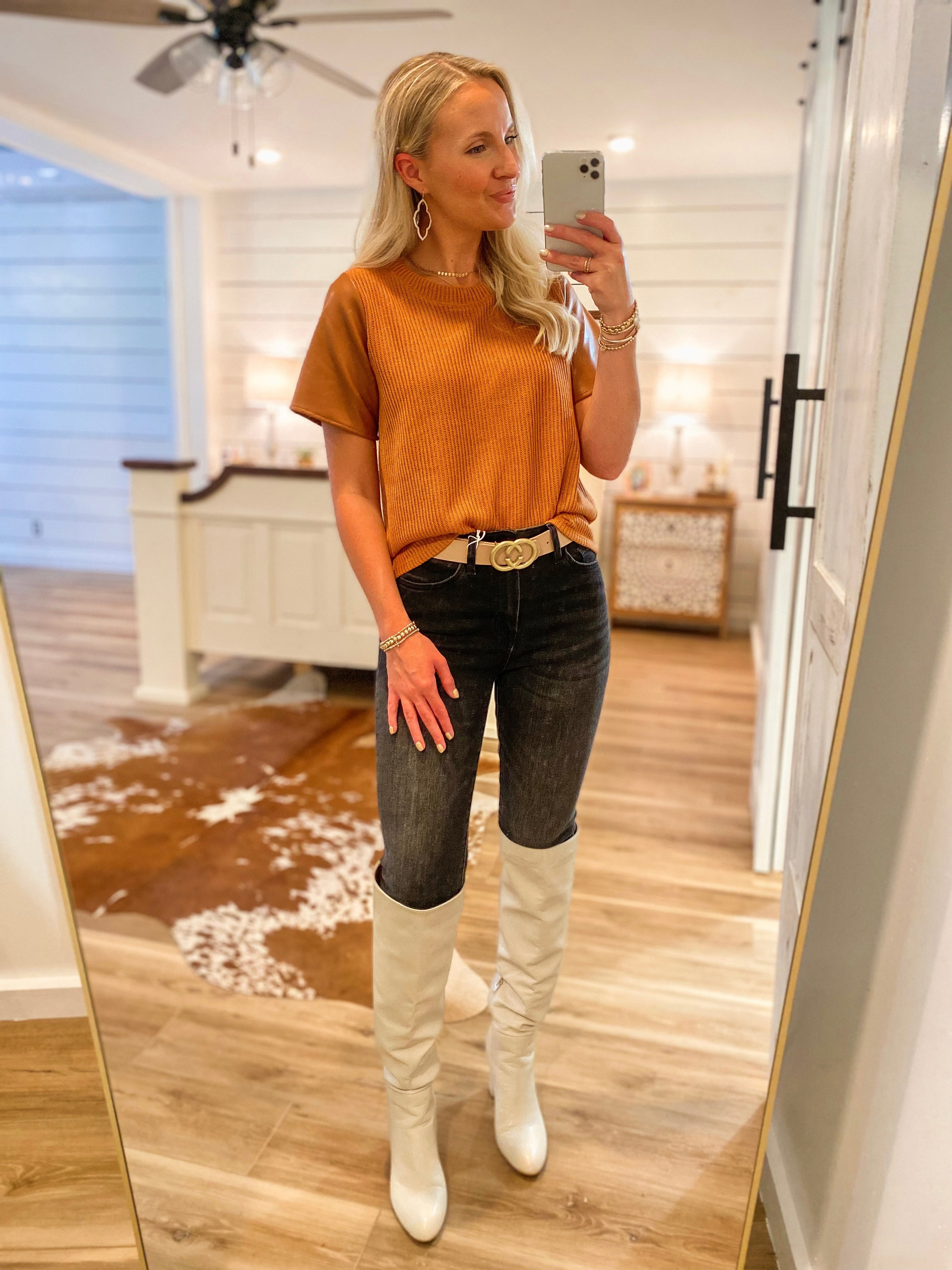 In It All Camel Faux Leather Knit Blouse