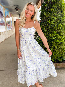 Spin Me Around White & Blue Floral Midi Dress