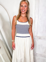 Load image into Gallery viewer, Up From Here Ivory &amp; Navy Stripe Midi Dress
