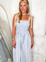Load image into Gallery viewer, Ocean Air Ivory &amp; Blue Stripe Linen Midi Dress

