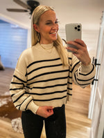 Load image into Gallery viewer, Front Of The Line Ivory &amp; Black Stripe Sweater
