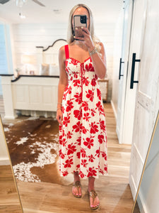 Never Left Red & Ivory Floral Midi Dress