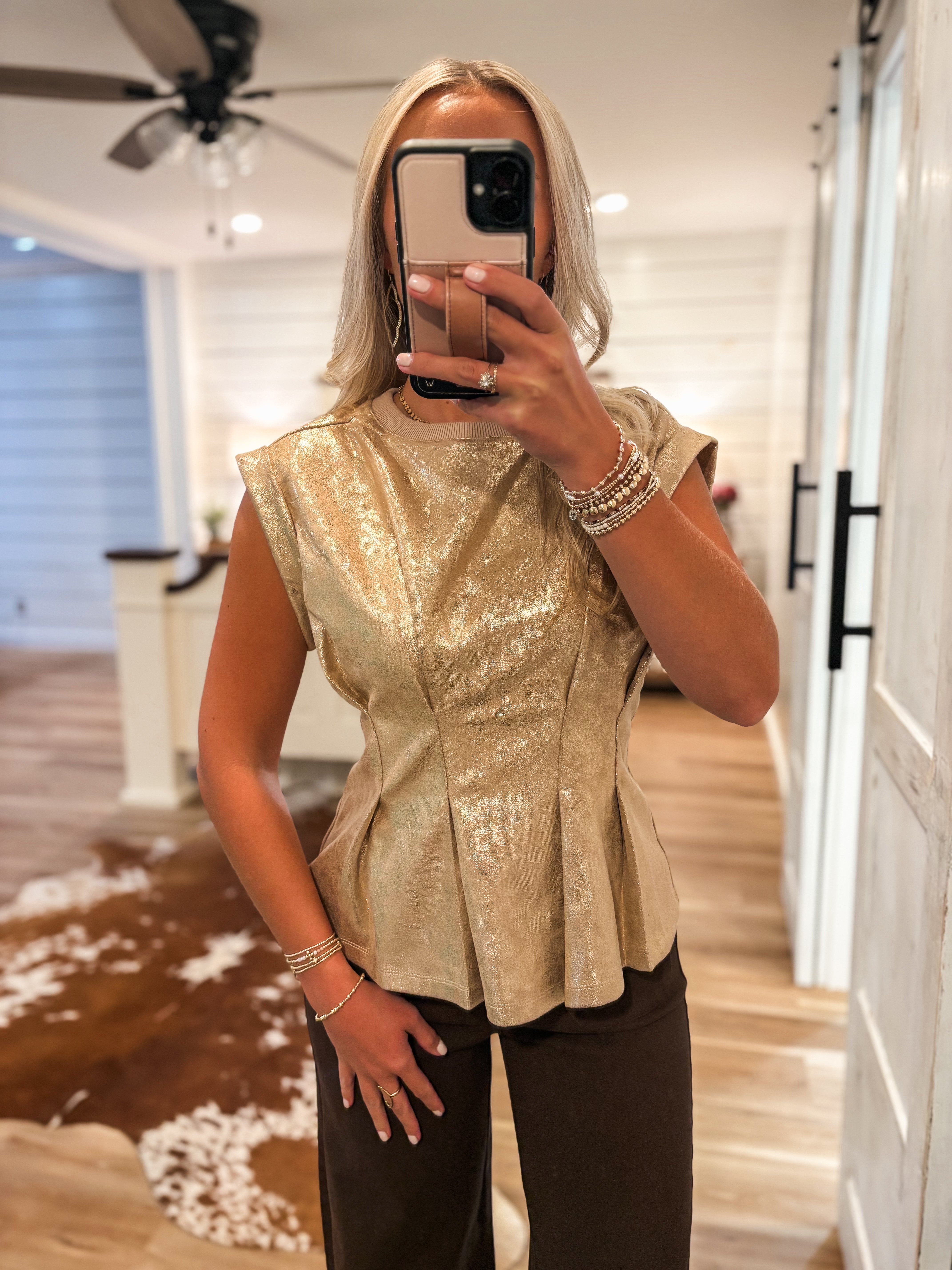 For Now Taupe Metallic Peplum S/S Blouse