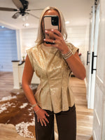 Load image into Gallery viewer, For Now Taupe Metallic Peplum S/S Blouse

